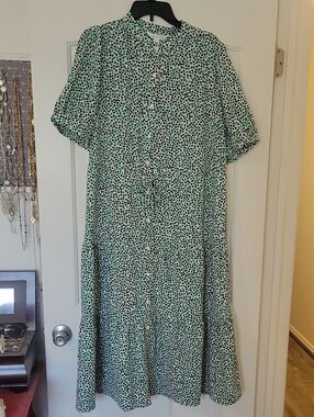 POPSUGAR  Button-Front Midi Dress with Green And Black Dot Tulip Flower Print
